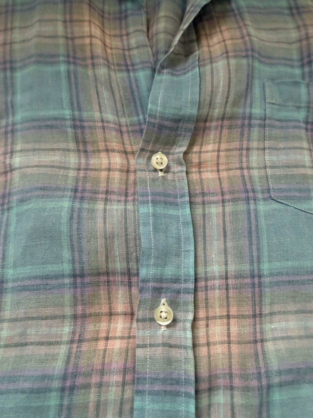 Neiman Marcus Luxury Linen Plaid Button-Down Shirt -Pastel Blue and Pink -Size S - Picture 3 of 5